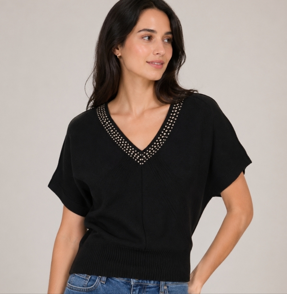 JENNIFER LOPEZ XS V Neck Ribbed Sweater w Studs